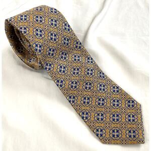Jos. A Bank 100% Silk Gold & Blue Jacquard Medallion Print Slim Tie Formal Gift